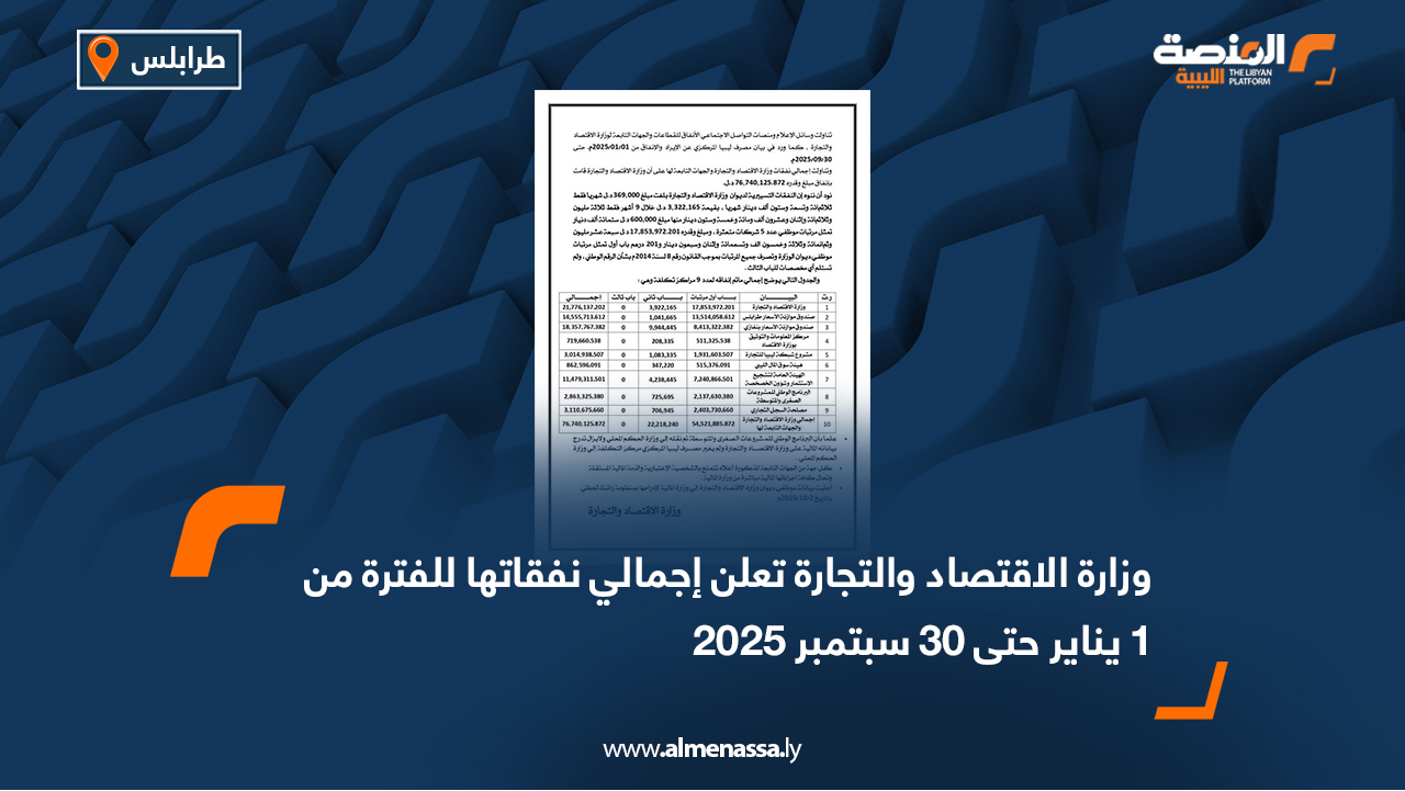 وزارة الاقتصاد والتجارة تعلن إجمالي نفقاتها للفترة من 1 يناير حتى 30 سبتمبر 2025