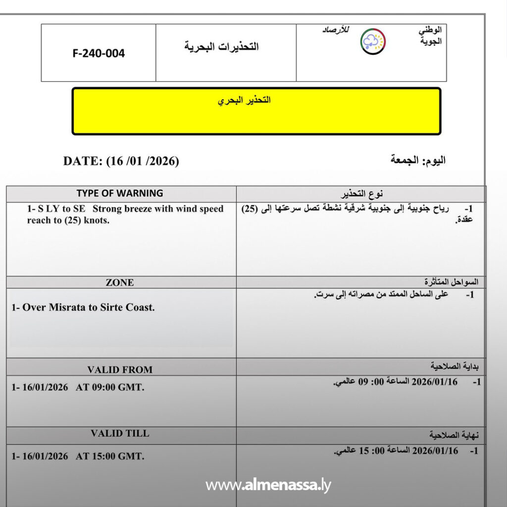 Extra 70.jpg2 70 الأرصاد تحذّر من نشاط رياح جنوبية على الساحل بين مصراتة وسرت وتأثيرات بحرية متفاوتة