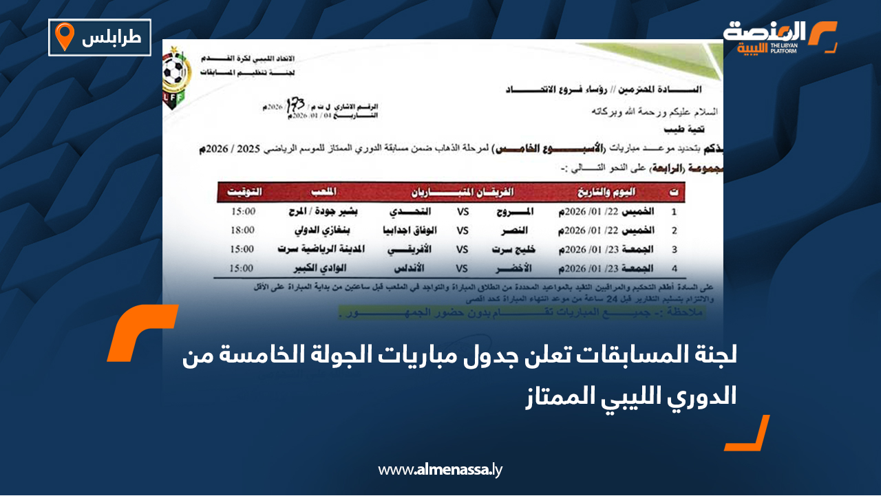 لجنة المسابقات تعلن جدول مباريات الجولة الخامسة من الدوري الليبي الممتاز