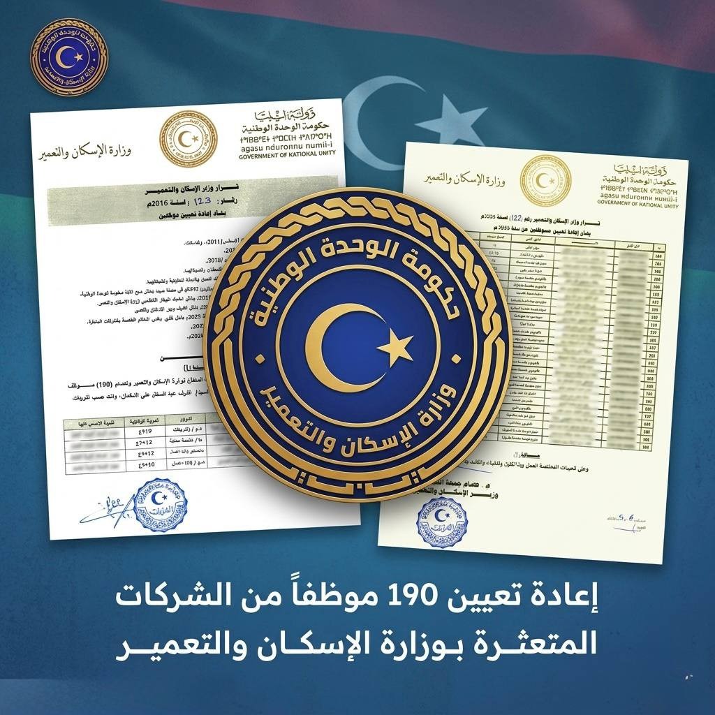 اكسترا وزارة الإسكان تعيد تعيين 190 موظفًا من الشركات المتعثرة بقرار من التموني تنفيذًا لتوجيهات الدبيبة