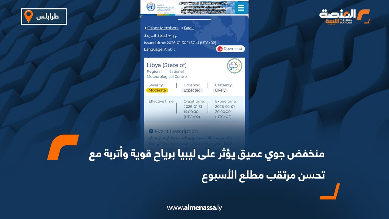منخفض جوي عميق يؤثر على ليبيا برياح قوية وأتربة مع تحسن مرتقب مطلع الأسبوع