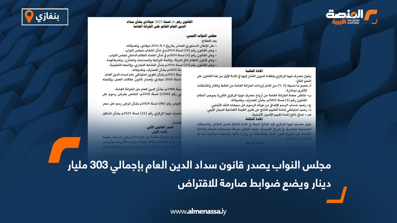 مجلس النواب يصدر قانون سداد الدين العام بإجمالي 303 مليار دينار ويضع ضوابط صارمة للاقتراض