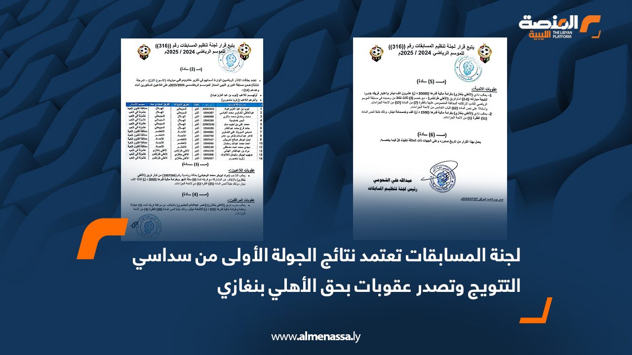 لجنة المسابقات تعتمد نتائج الجولة الأولى من سداسي التتويج وتصدر عقوبات بحق الأهلي بنغازي