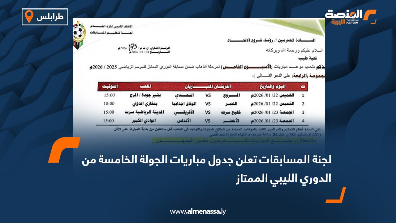 لجنة المسابقات تعلن جدول مباريات الجولة الخامسة من الدوري الليبي الممتاز