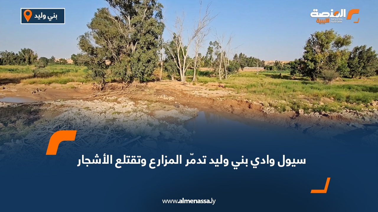 سيول وادي بني وليد تدمّر المزارع وتقتلع الأشجار